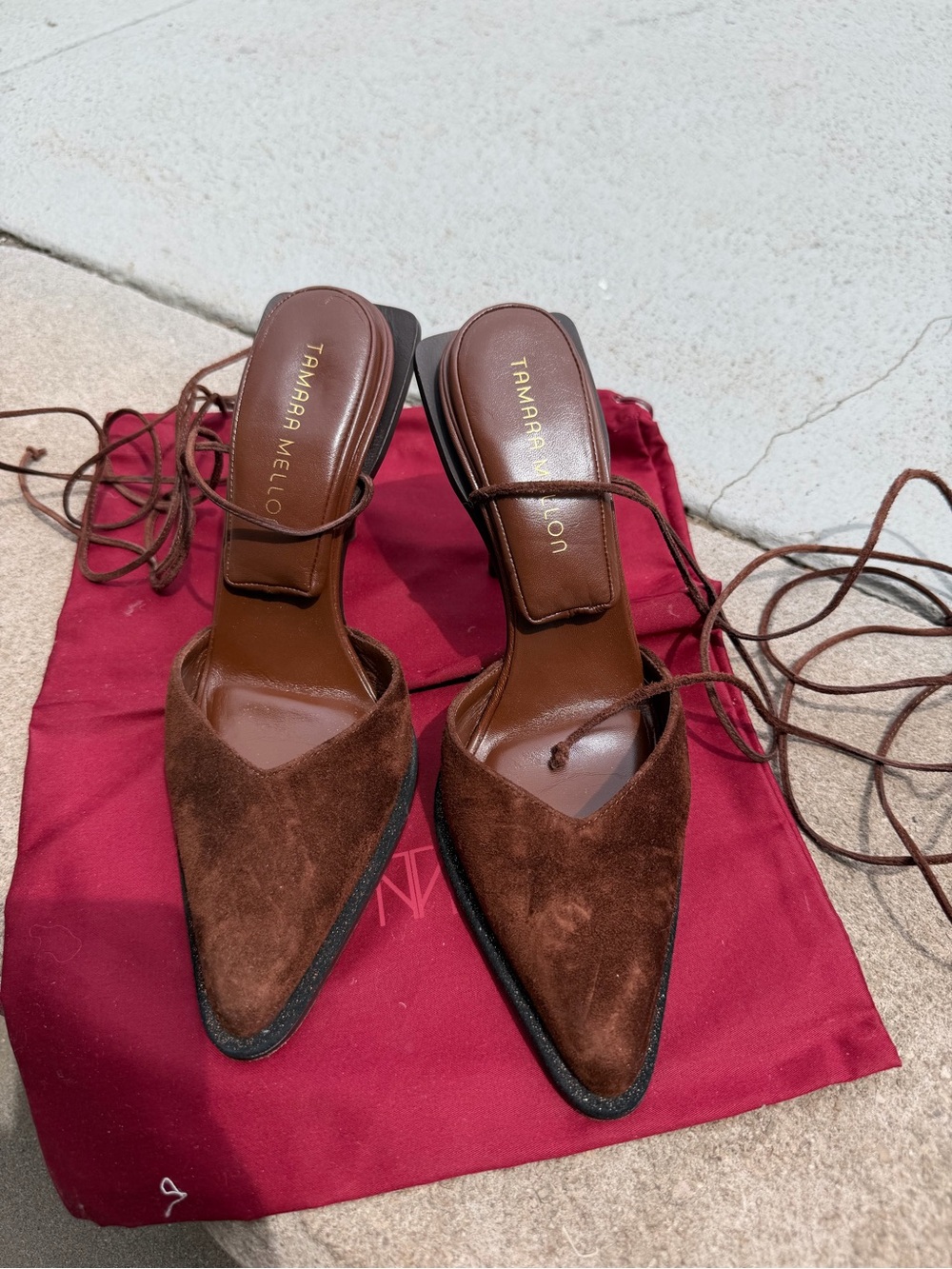 Tamara Mellon Dark Brown Leather Suede Pointed Lace-Up Mules